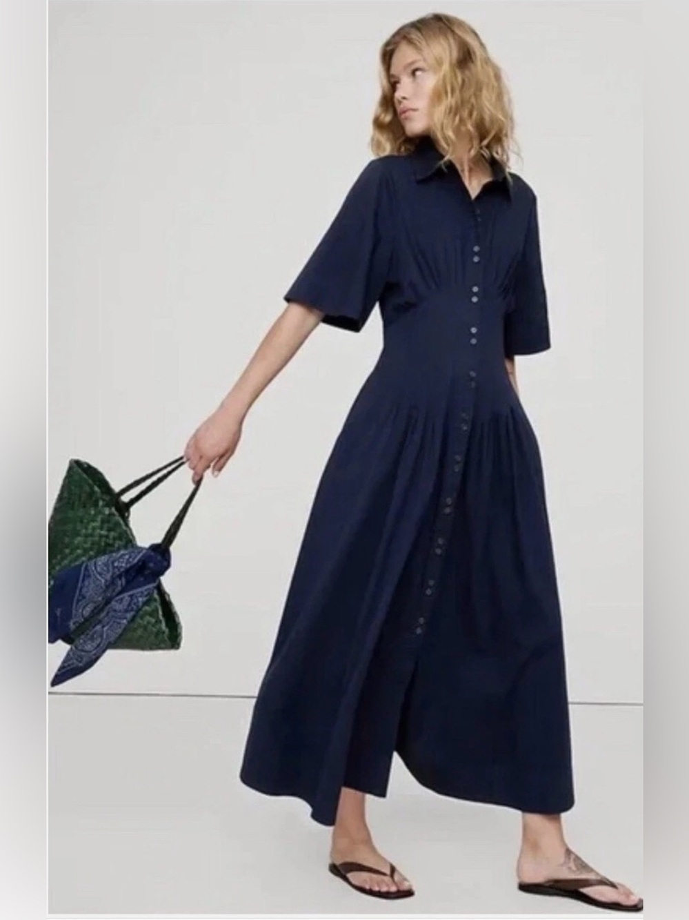 NWOT-Banana Republic Navy Stretch-Cotton Poplin Pintuck Long Midi Dress, Small